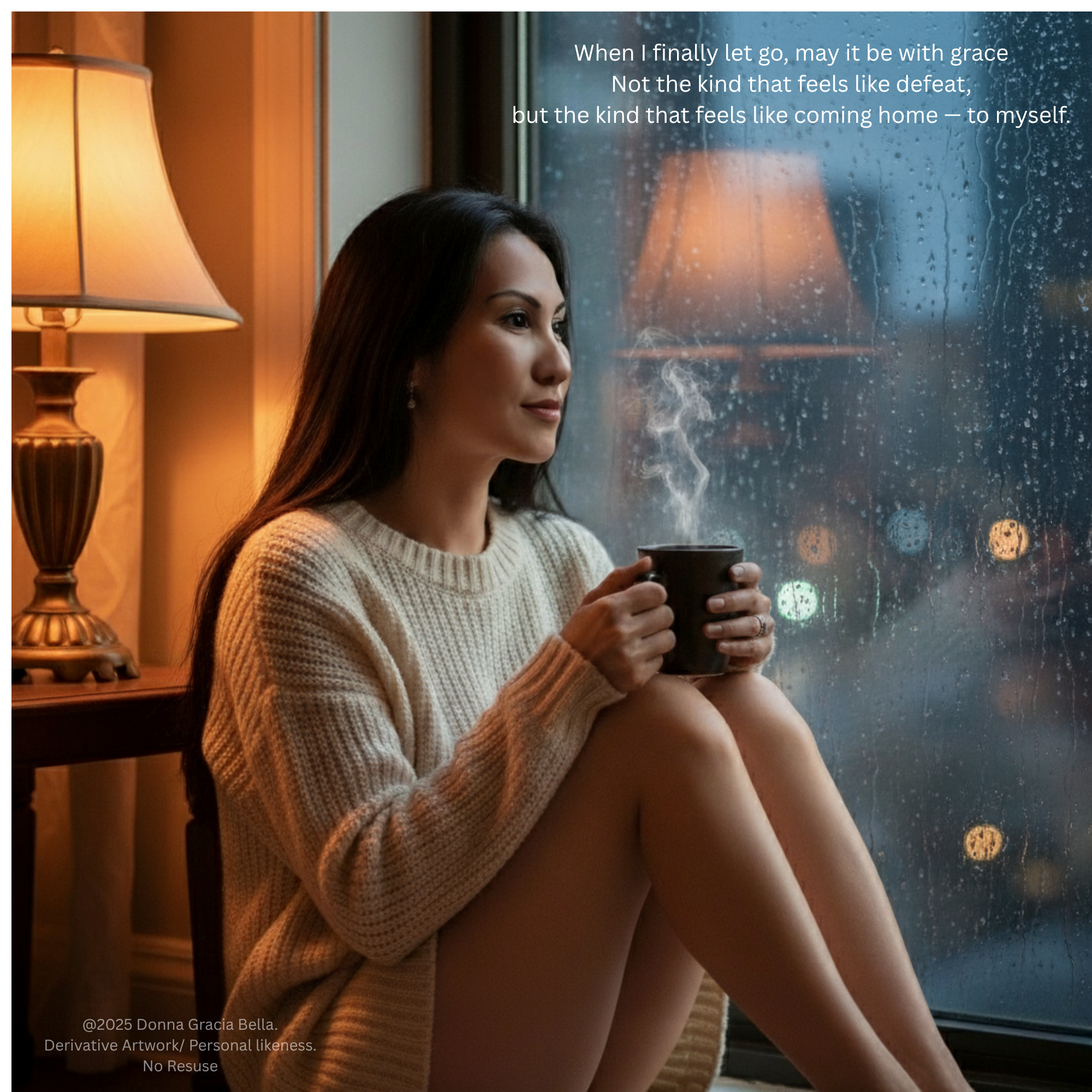 A reflective scene symbolizing letting go and peace — gentle lights through rain-soaked glass.