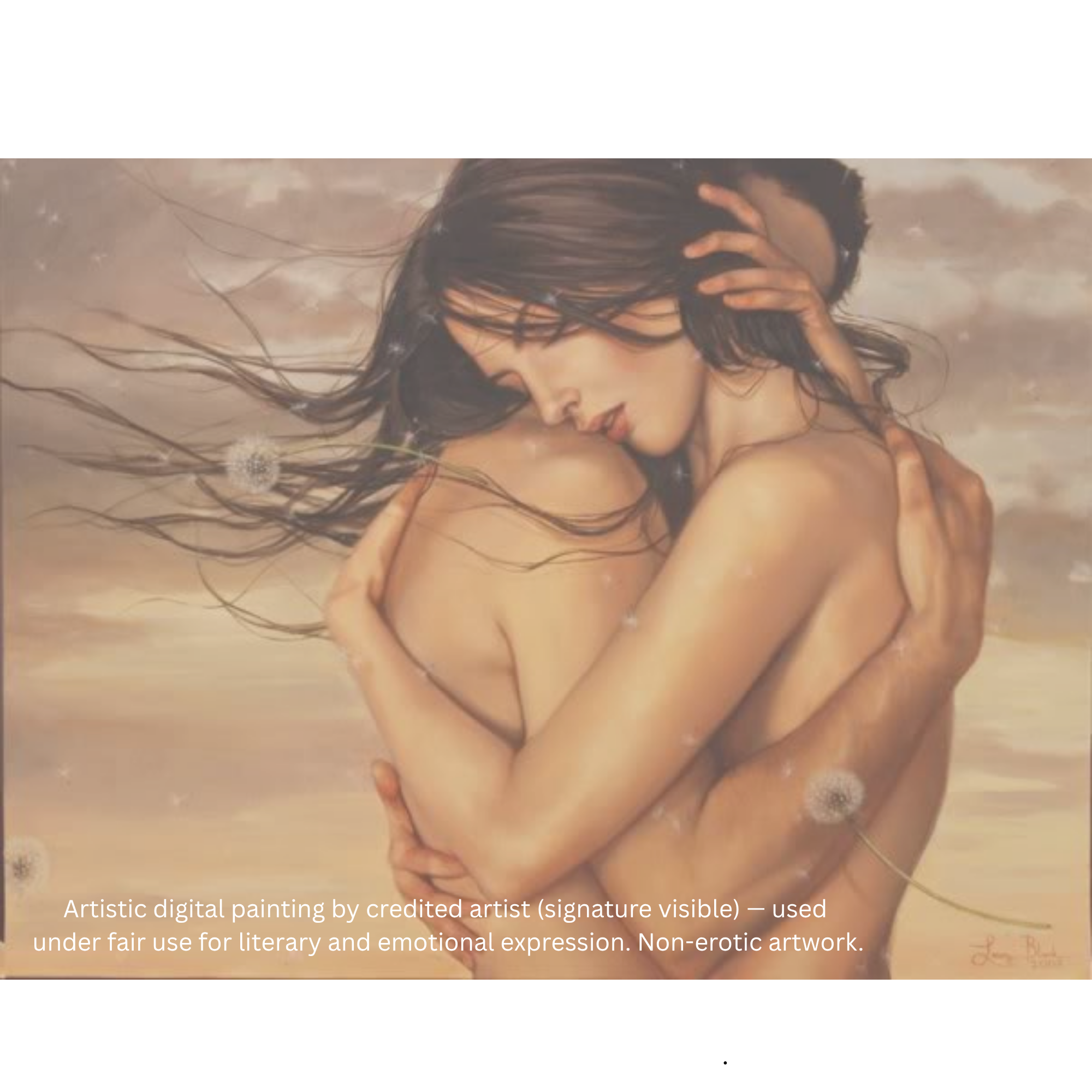 Artistic digital painting of two souls embracing — symbolic of love, connection, and emotional healing. Non-erotic artwork used for literary expression.