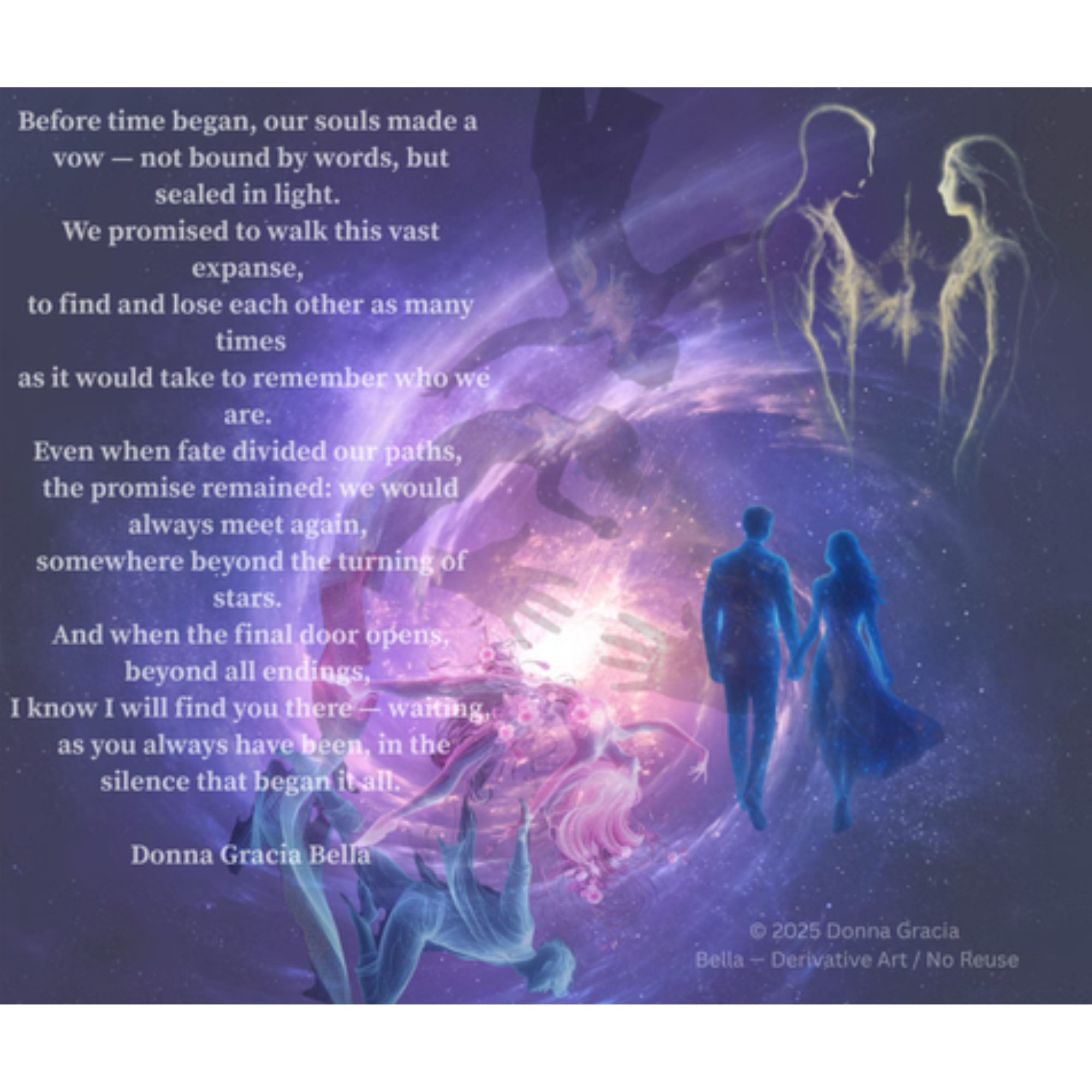 Digital artwork of two luminous figures reuniting in light, representing eternal love and divine remembrance — symbolic art by Donna Gracia Bella.