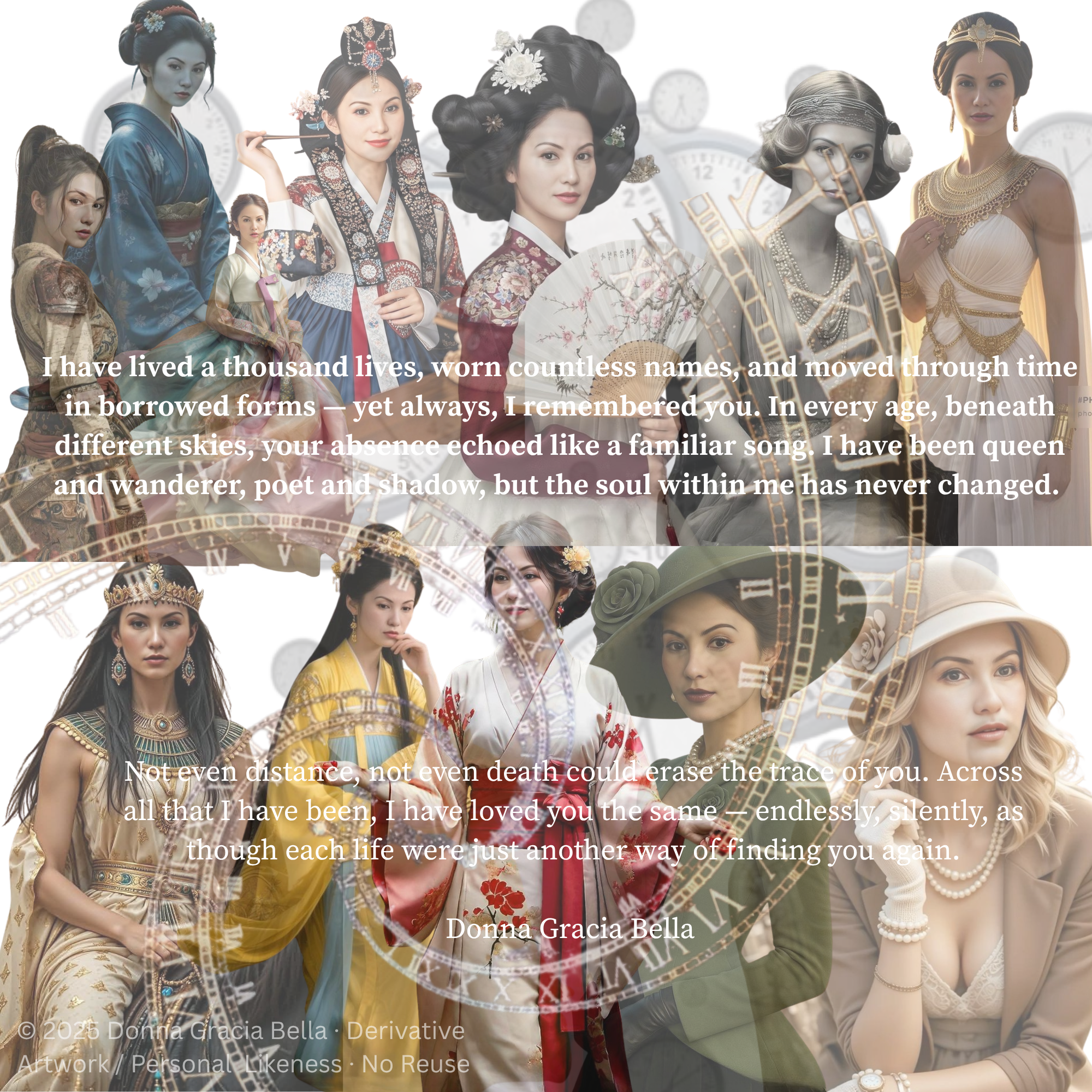 Composite artwork of timeless feminine figures symbolizing eternal love and fate’s delay — derivative art by Donna Gracia Bella, not for reuse.