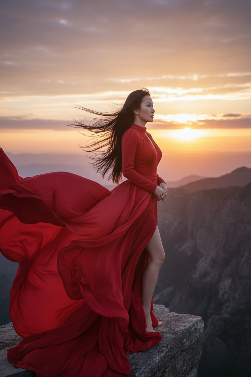 Woman in a flowing red dress standing on a cliff at sunrise, symbolizing quiet strength and emotional endurance.