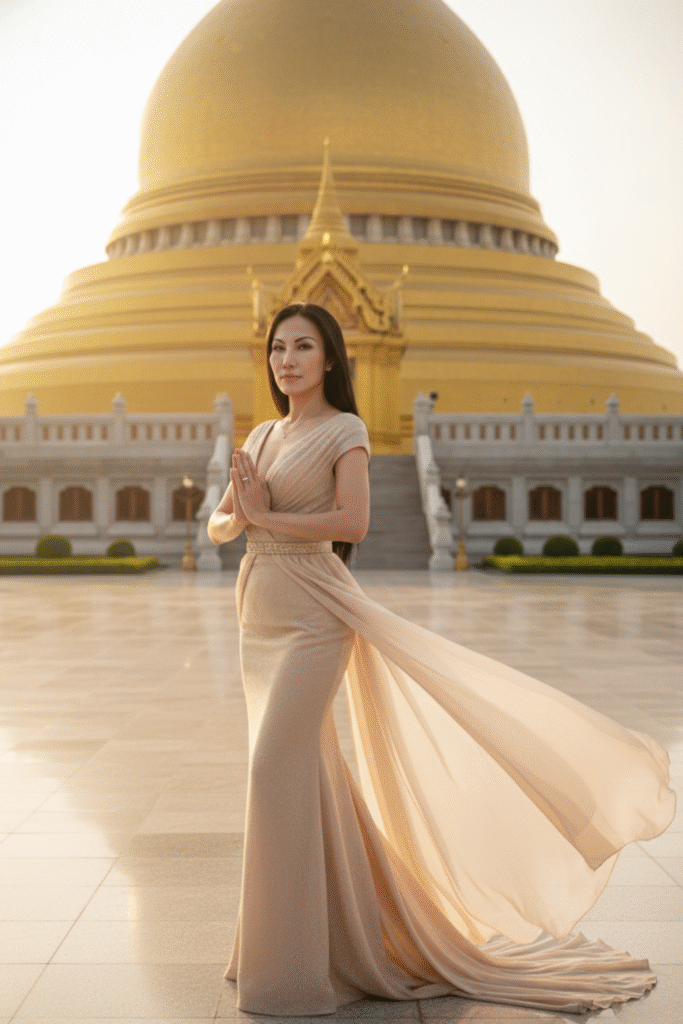 Cinematic portrait of a woman standing on a cliff in a flowing red gown, symbolizing emotional endurance and quiet strength.